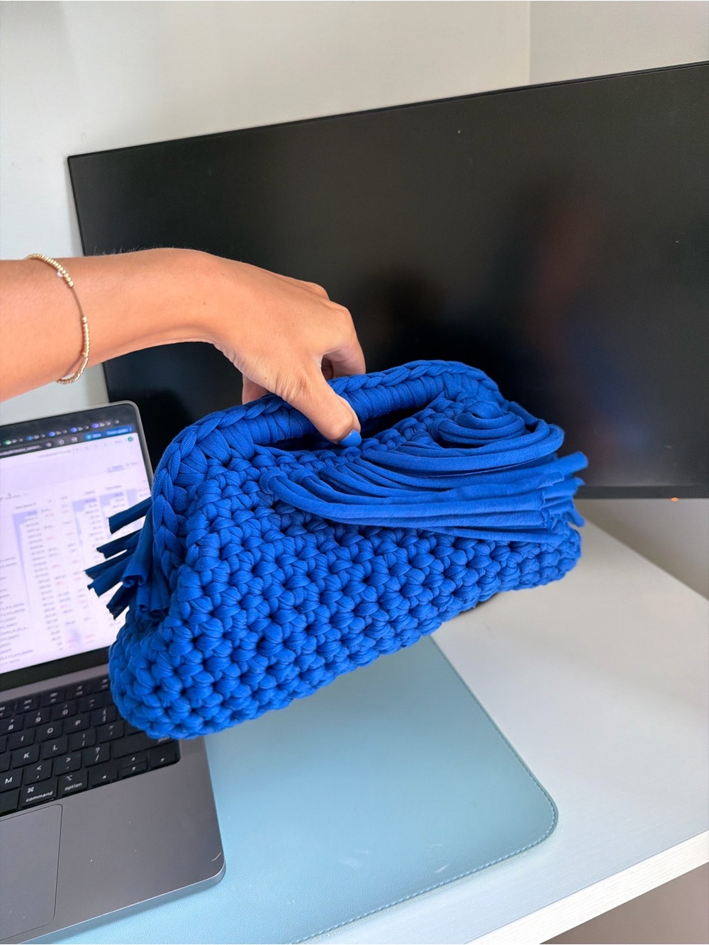 Handcrafted Blue Crochet Fringe Clutch - Picture 4 of 5